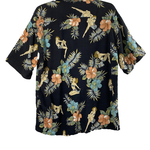 Pierre Cardin Hawaiian Shirt Mens XL Black Tropical Floral Sexy Lady Button Down - Picture 2 of 9